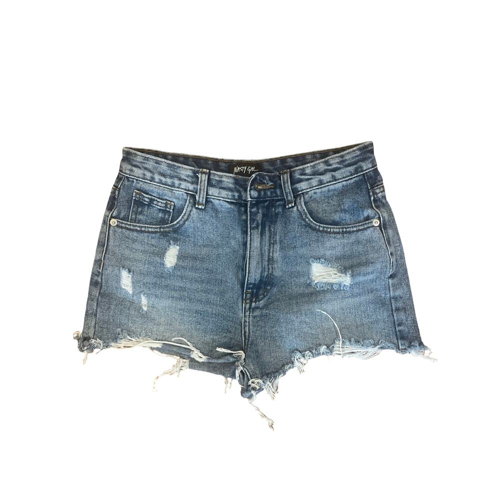 Nasty Gal High-Waisted Distressed Denim Cutoff Shorts Size UK 8/EU 36 Frayed Hem